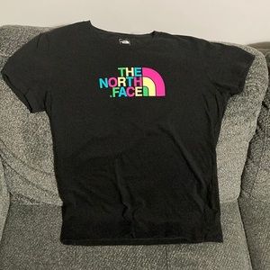 Women’s sz medium - black north face t shirt. Multicoloured logo - asking $25